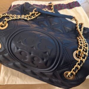 Tory Burch Navy Quilted Shoulder Bag with Gold Chain